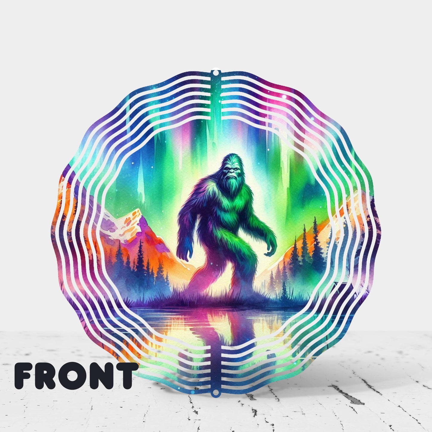 Bigfoot Forest Wind Spinner - 10x10 Double-Sided Outdoor Art with Watercolor Northern Lights Design