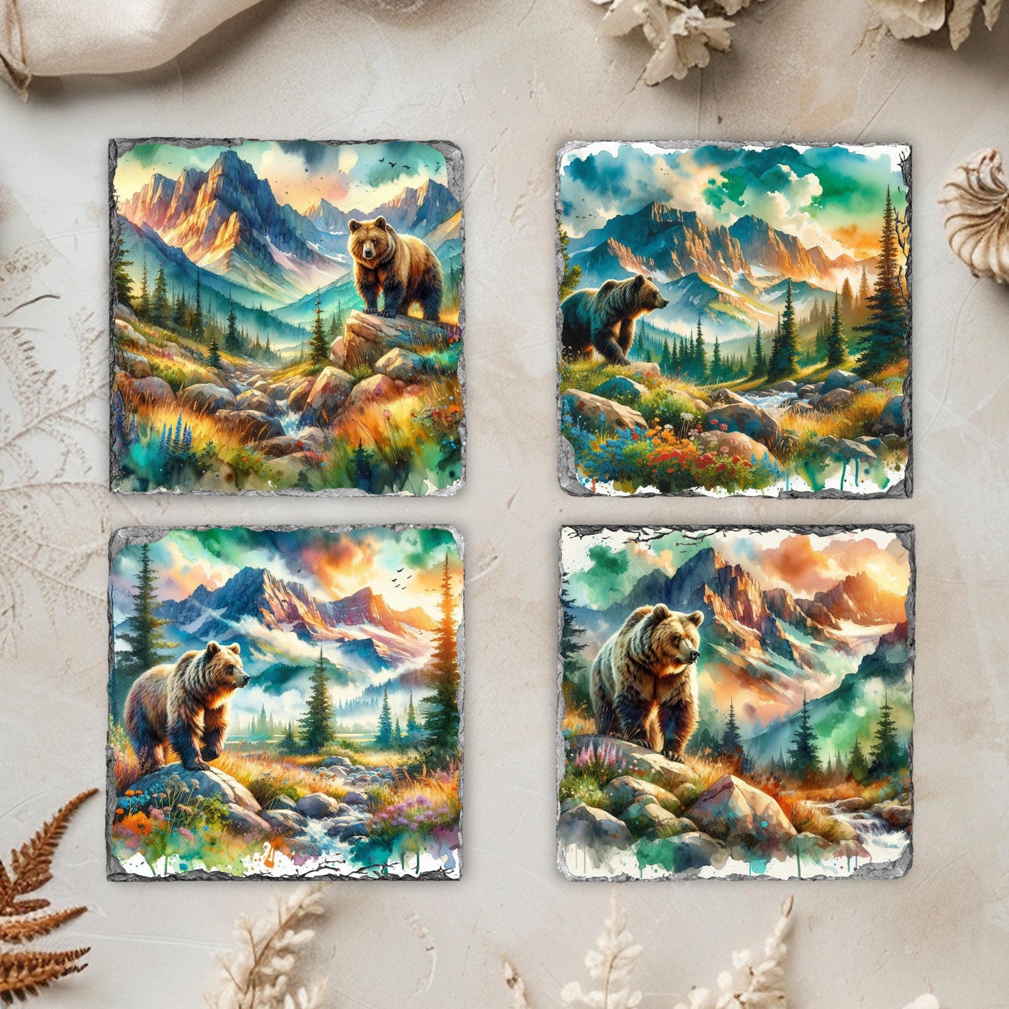 Brown Bear Mountain Watercolor Slate Coaster Set with Black Rack Unique Nature Gift for Wildlife Enthusiasts