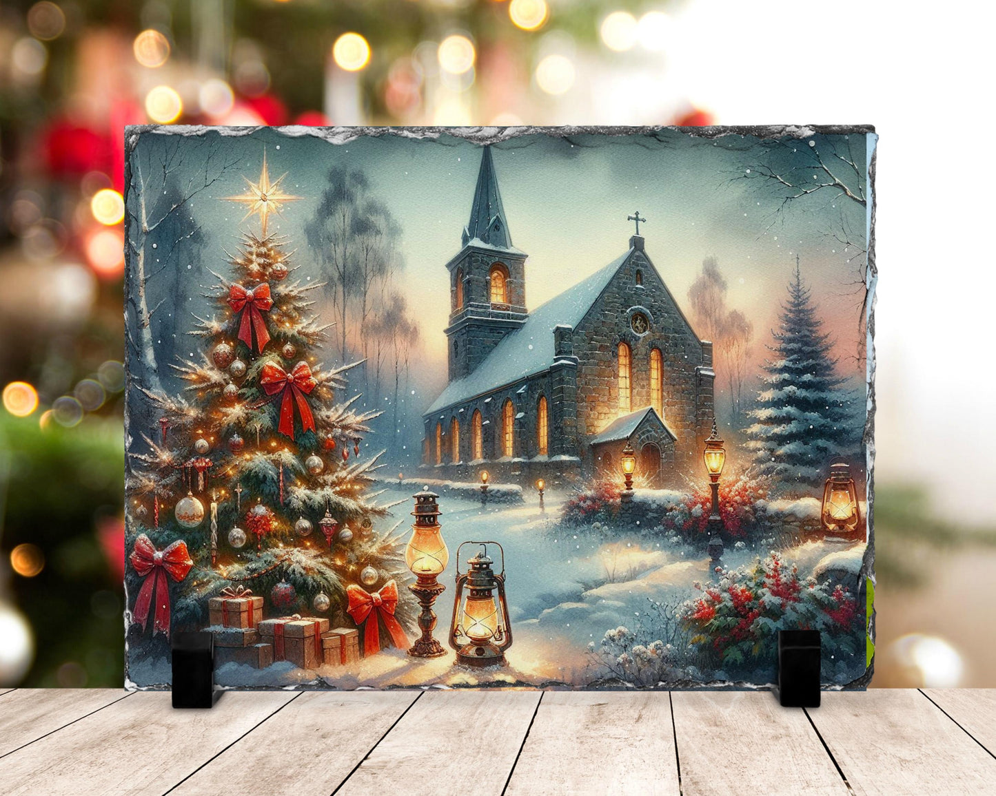 Vintage Winter Church Slate, Christmas Scene with Trees, Gifts & Oil Lamps