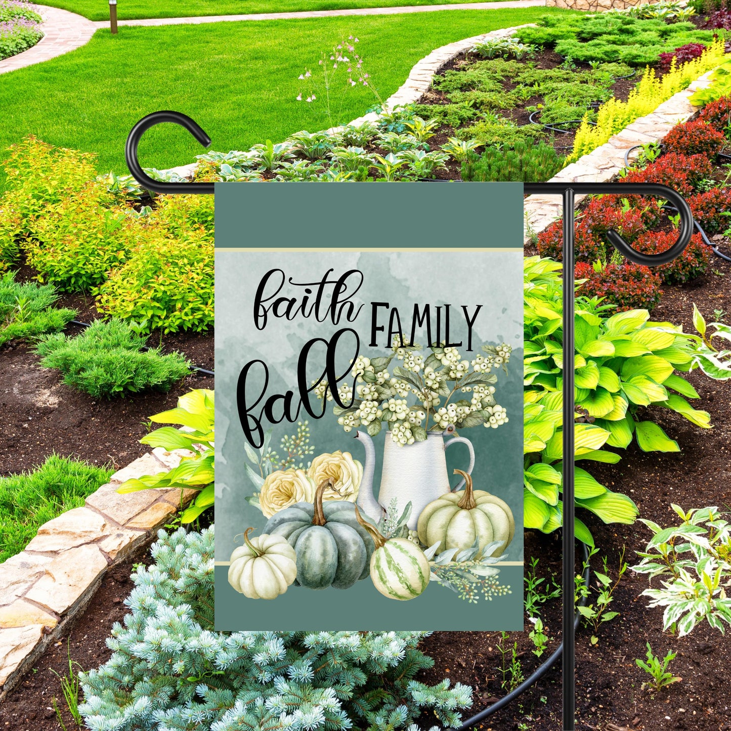 Teal Blue Fall Garden Flag with Faith Family Quote - Double-Sided 12x18 Inch Decor