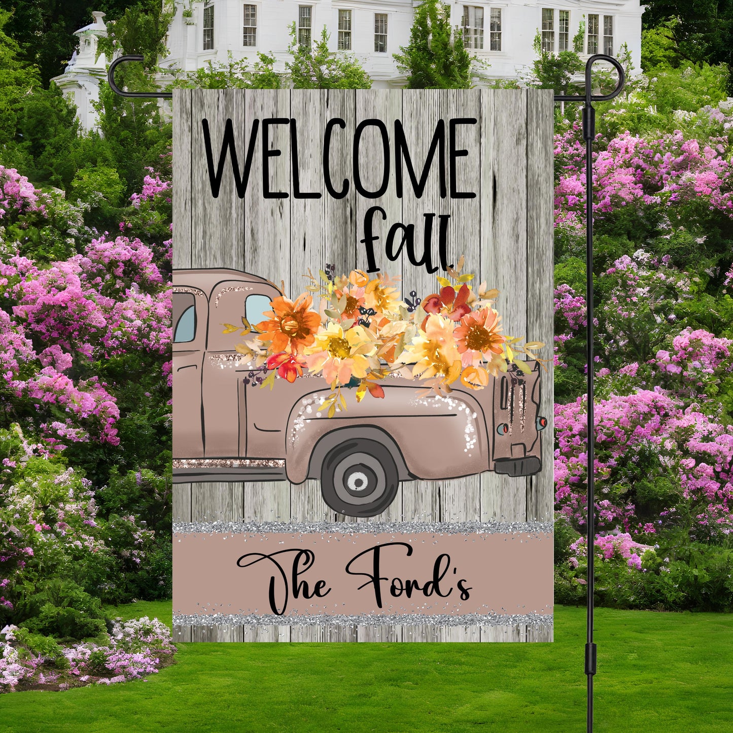 Rustic Wood Truck Garden Flag - Custom Double-Sided Fall Decor 12x18 Inch
