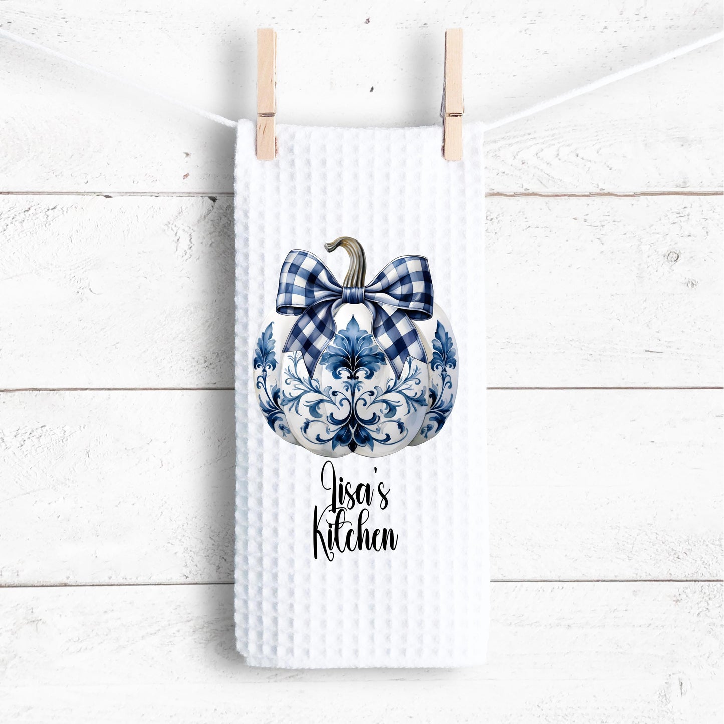 Chinoiserie Coquette Pumpkin Waffle Towel, Personalized Name Towel, Unique Hostess Gift