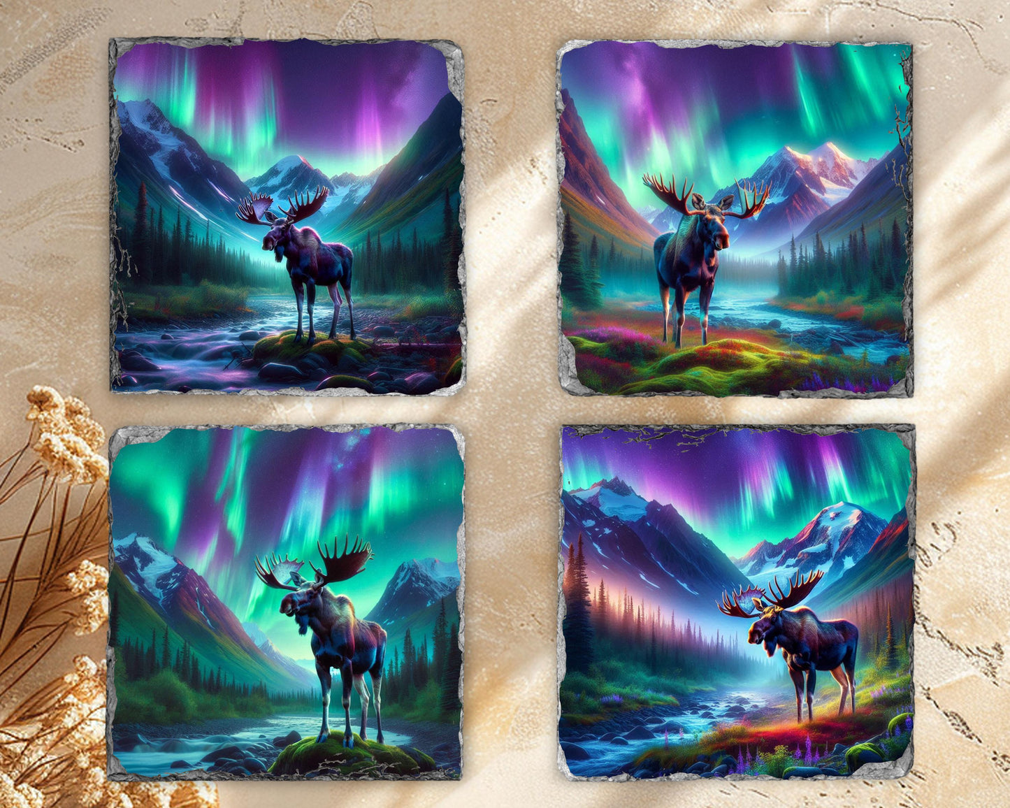 Rustic Slate Coaster Set with Moose Design - Ideal Cabin Gift for Nature Enthusiasts