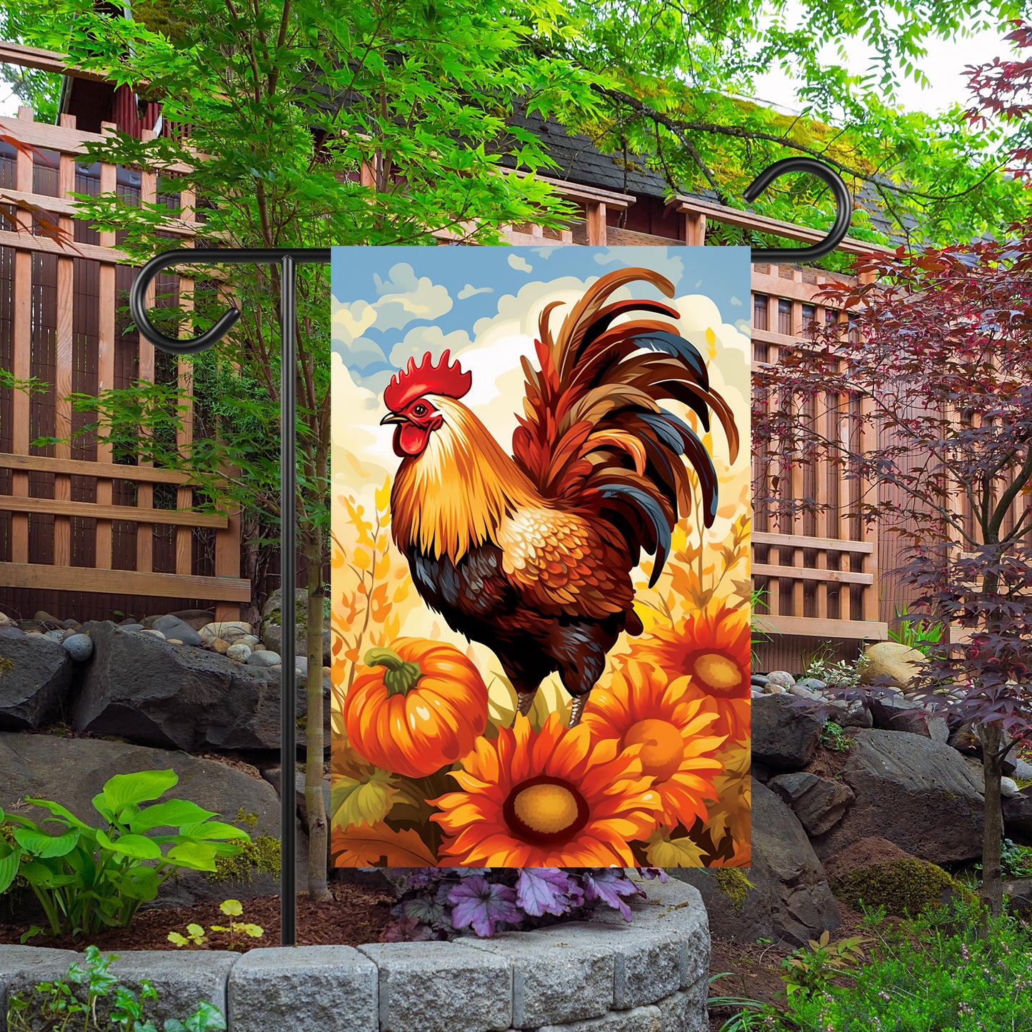 Double-Sided Garden Flag - Autumn Rooster Pumpkin Mums Design 12x18 Inch