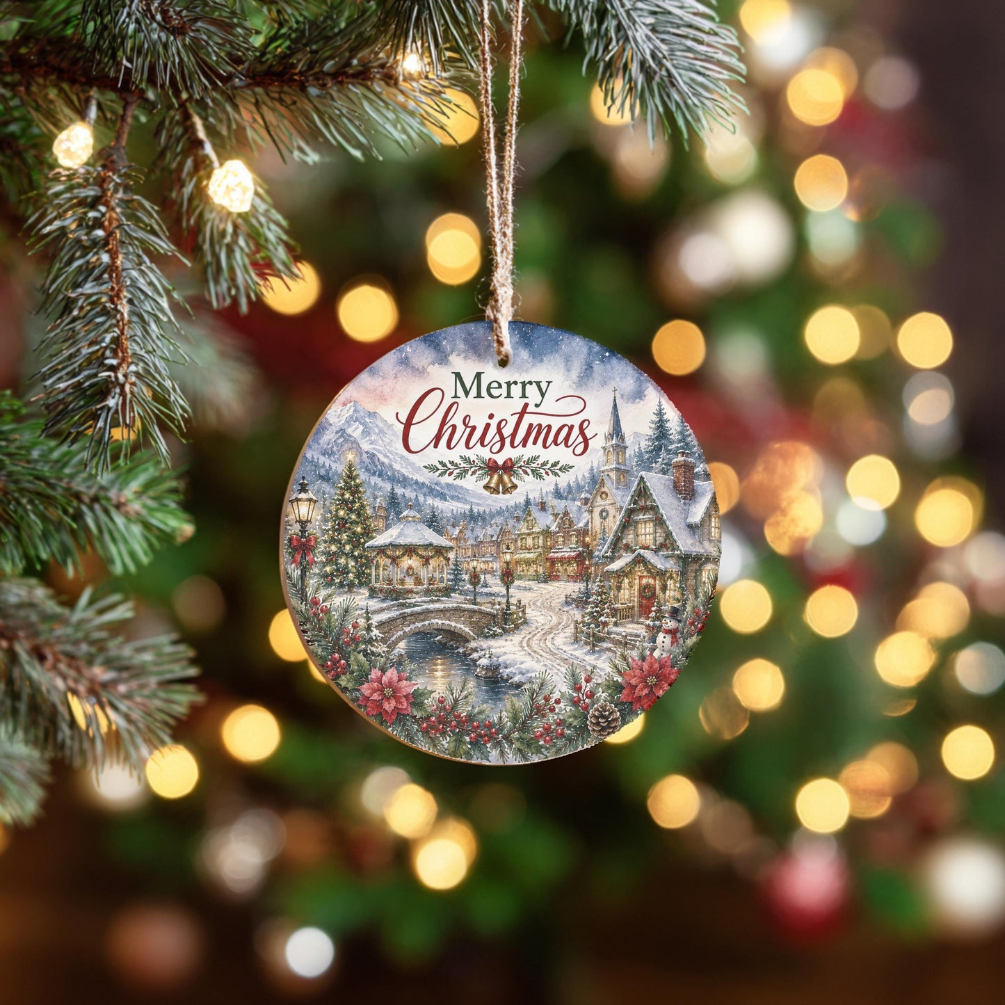 Ceramic Christmas Ornament, Snowy Church Village Scene, 3 Inch Round