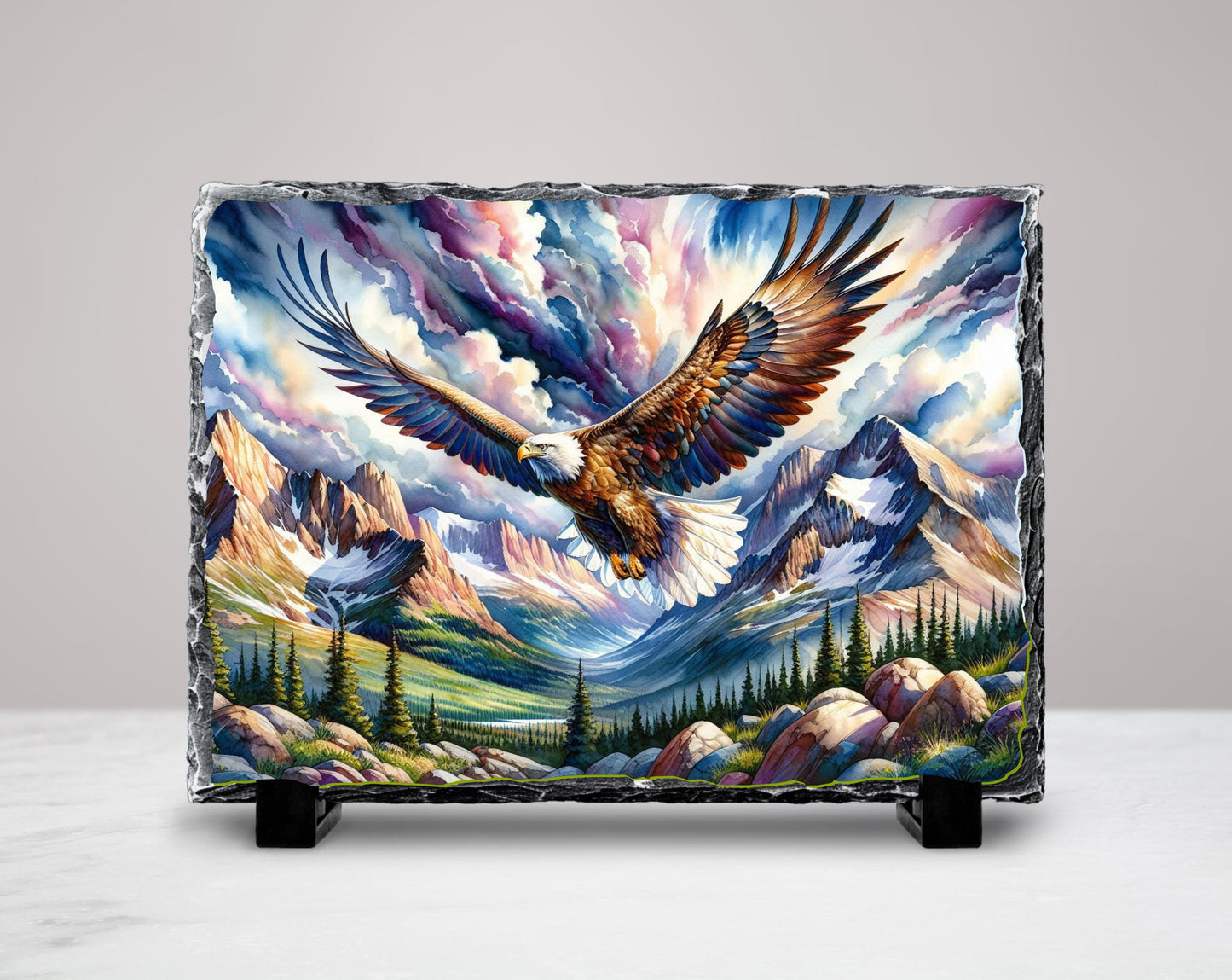 Watercolor Eagle Slate Plaque - Majestic Eagle in Flight Over Mountain Valley Rustic Wildlife Decor
