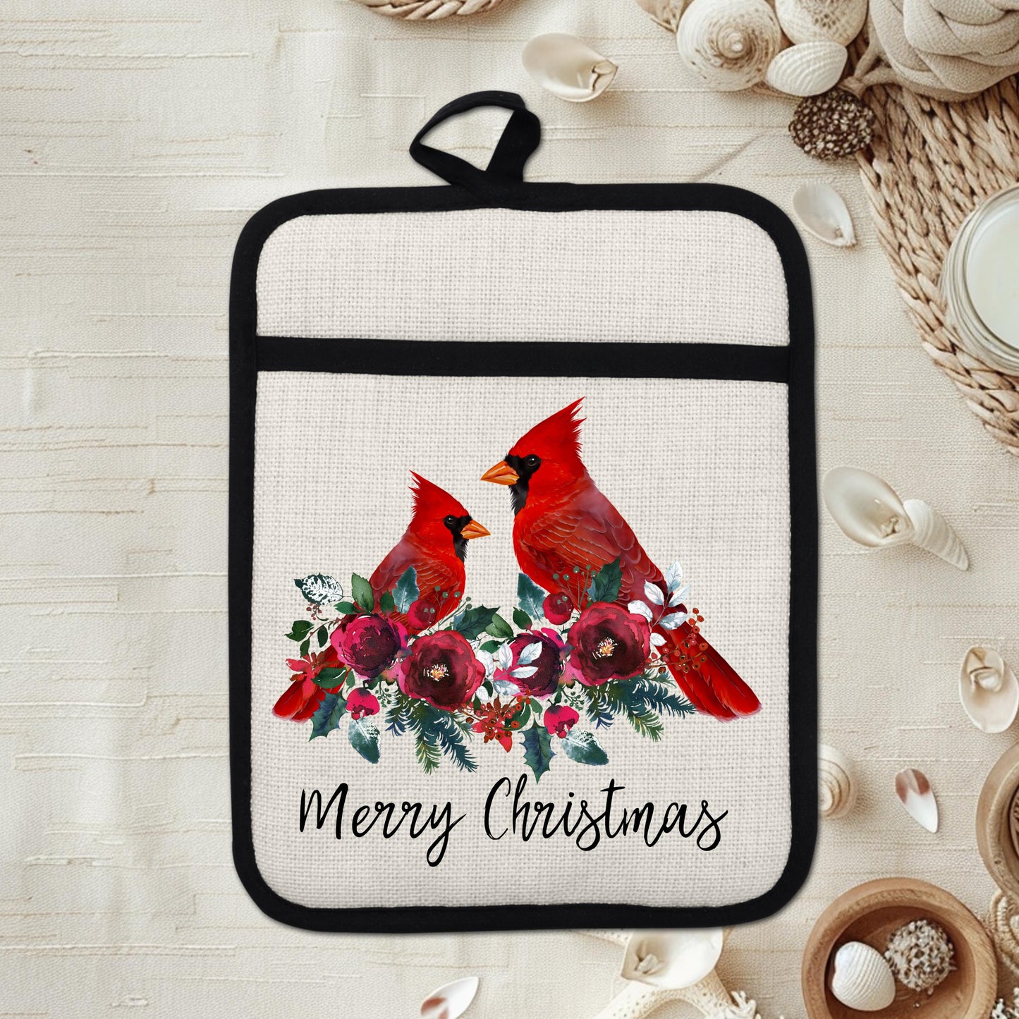 Christmas Cardinal Pot Holder with Two Red Birds on Floral Border - Linen Hot Pad for Holiday Gifting