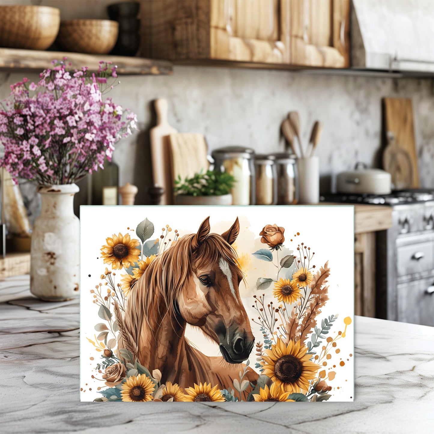 Horse and Sunflower Tempered Glass Cutting Board - Perfect Gift for Horse Lovers 11x15 Farmhouse Kitchen Decor