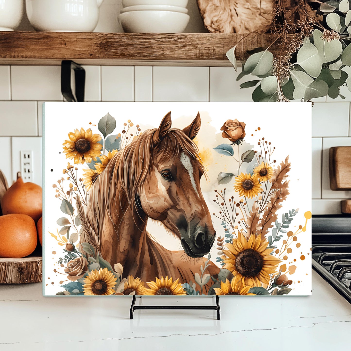 Horse and Sunflower Tempered Glass Cutting Board - Perfect Gift for Horse Lovers 11x15 Farmhouse Kitchen Decor