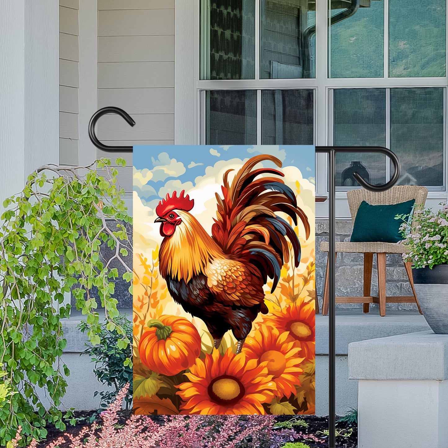 Double-Sided Garden Flag - Autumn Rooster Pumpkin Mums Design 12x18 Inch