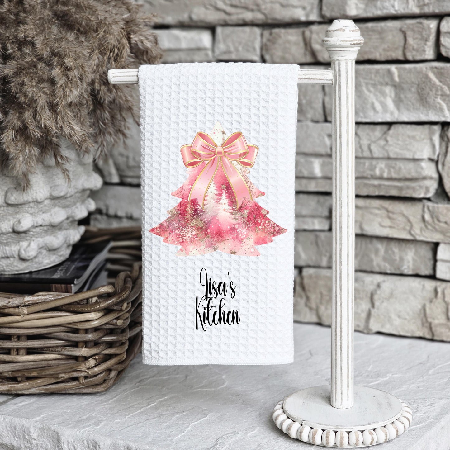 Personalized Christmas Tree Kitchen Towel in Pink Gold - Waffle Weave Design