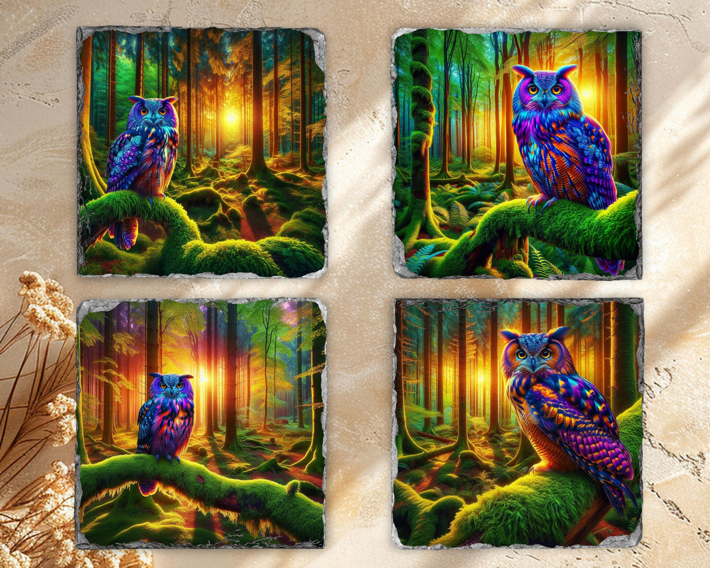 Owl Slate Coaster Set with Rack - Ideal Gift for Owl Enthusiasts