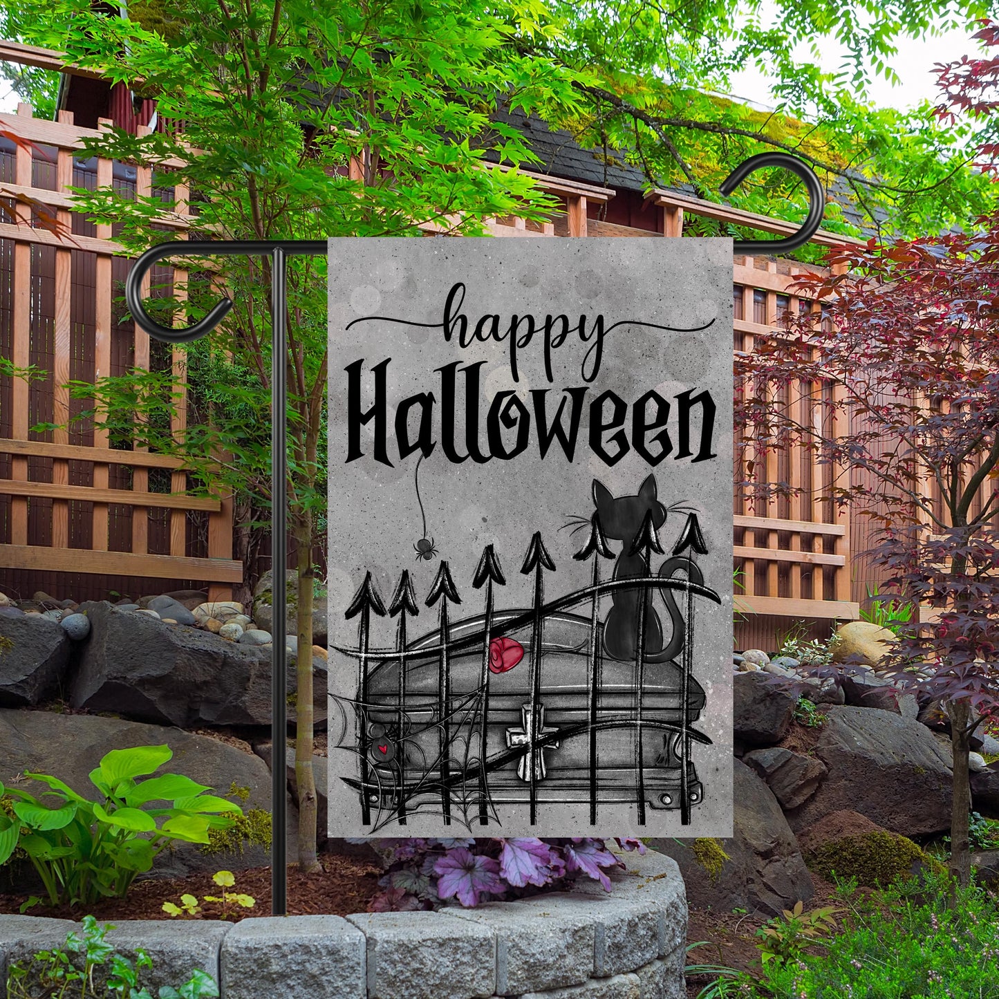 Double-Sided Halloween Garden Flag - Gothic Black Cat Spider Web Design 12x18 Inch