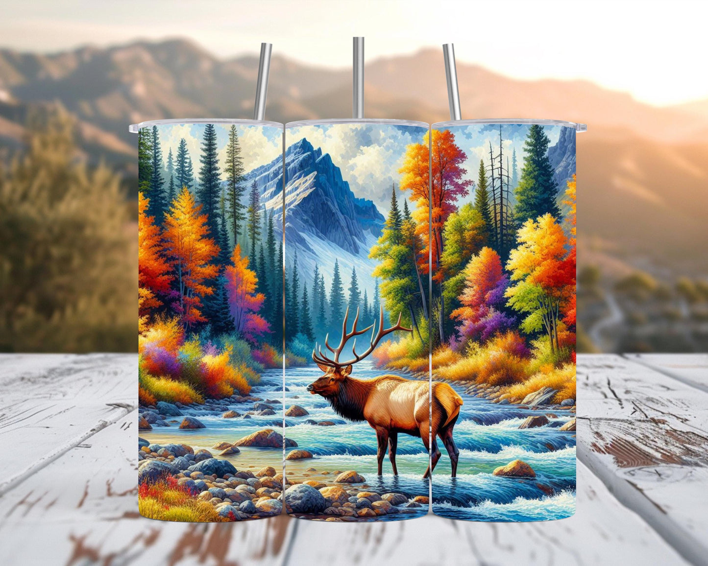 Elk Tumbler - 20oz or 30oz Colorful Fall Mountain River Scene Perfect Gift for Wildlife Enthusiasts