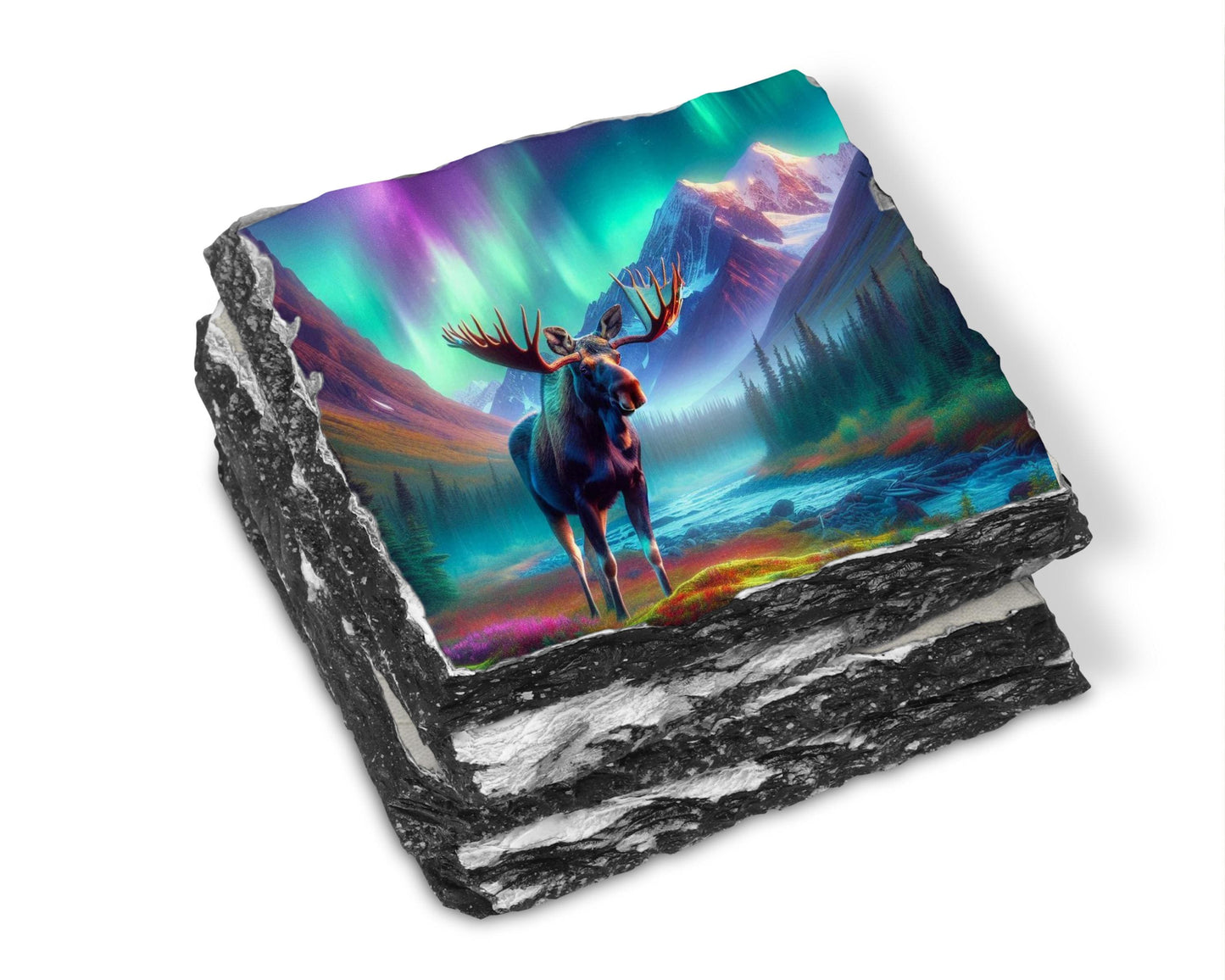 Rustic Slate Coaster Set with Moose Design - Ideal Cabin Gift for Nature Enthusiasts