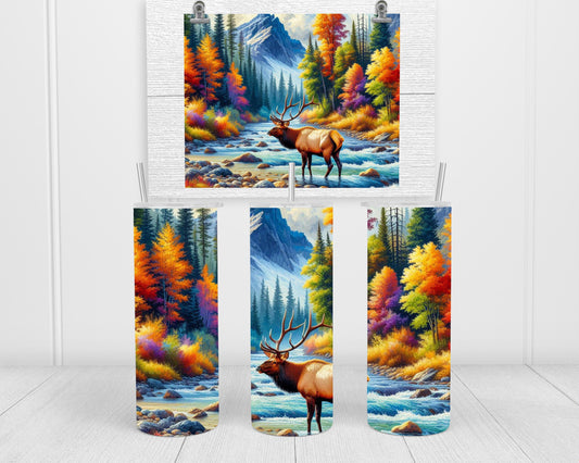 Elk Tumbler - 20oz or 30oz Colorful Fall Mountain River Scene Perfect Gift for Wildlife Enthusiasts