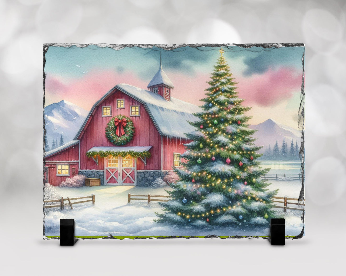 Watercolor Barn Slate - Snowy Mountain Christmas Decor