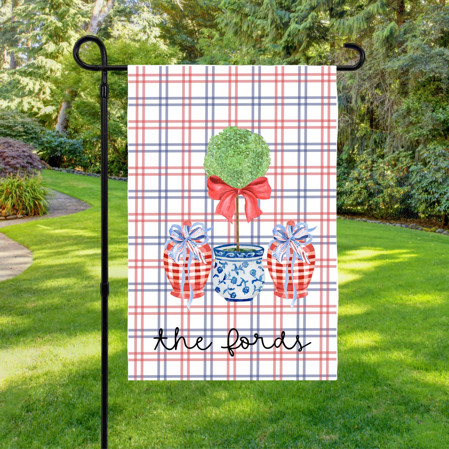 Preppy Housewarming Gift, Custom 4th of July Garden Flag with Chinoiserie Topiary, New Home Housewarming Gift, Preppy Garden Flag