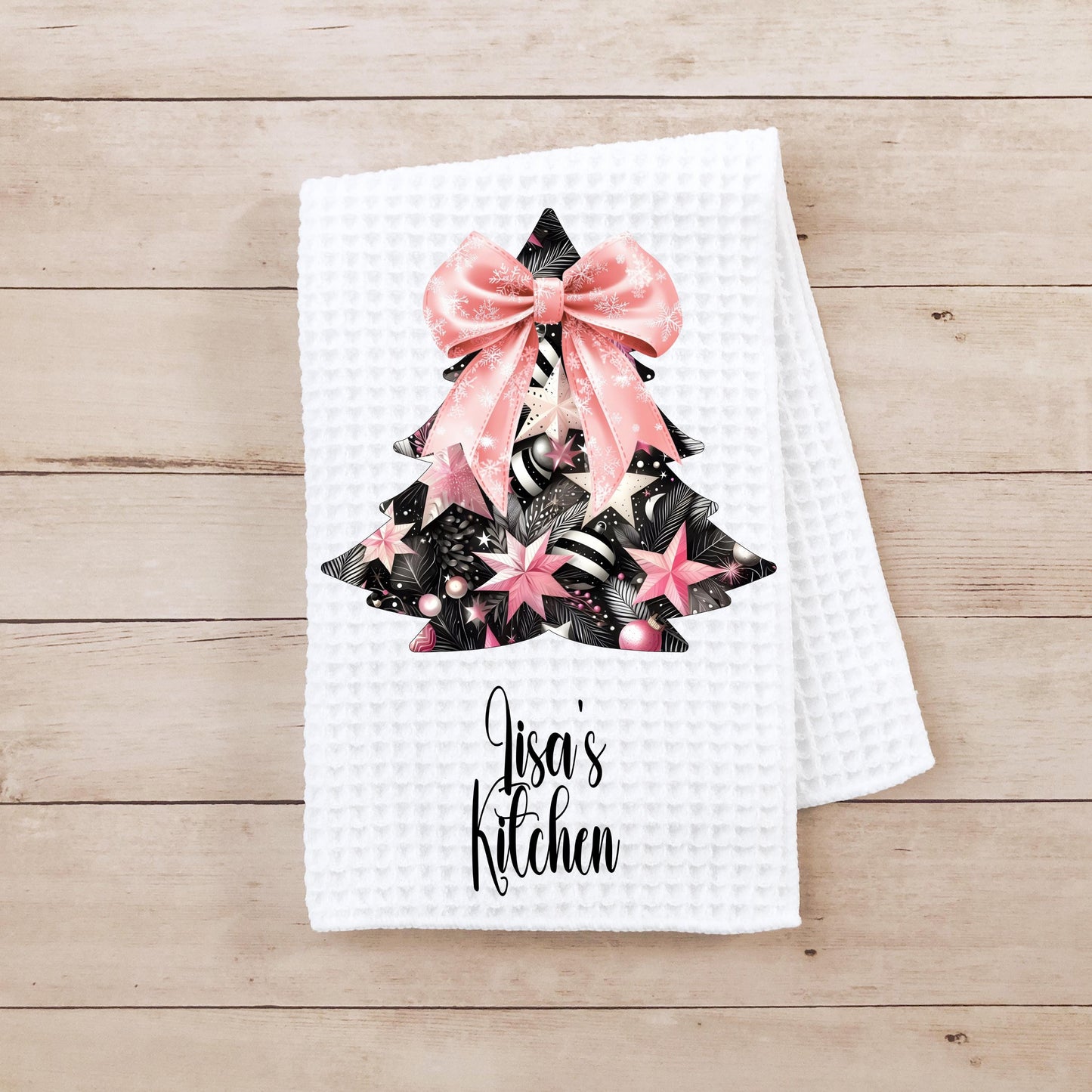 Personalized Christmas Tree Kitchen Towel Waffle Weave Holiday Decor
