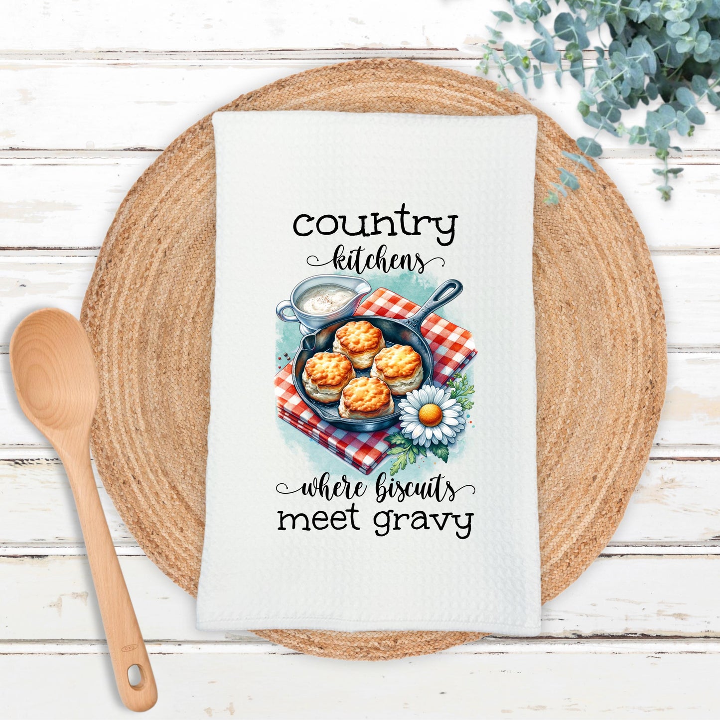 Country Kitchen Waffle Weave Towel, Charming Rustic Farmhouse Towel, Unique Hostess Gift, Cute Towel for Mom, Farmhouse Charm, Biscuit Theme