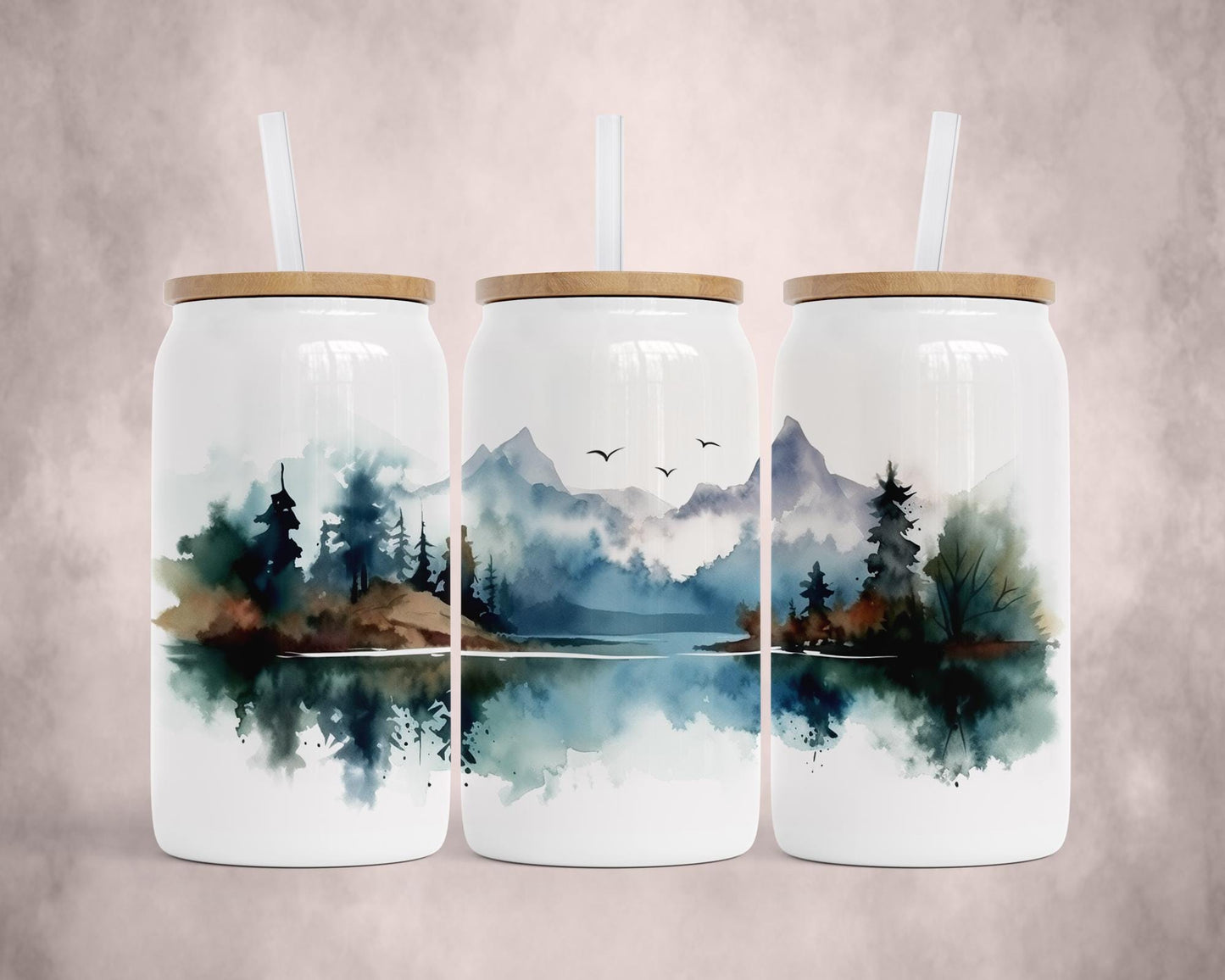 Unique 16 oz Stainless Steel Soda Can, Mountain Landscape Watercolor Design