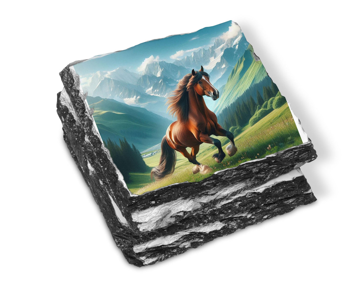 Horse Slate Coaster Set with Rack - Rustic Mountain Valley Art for Equestrian Farmhouse Decor