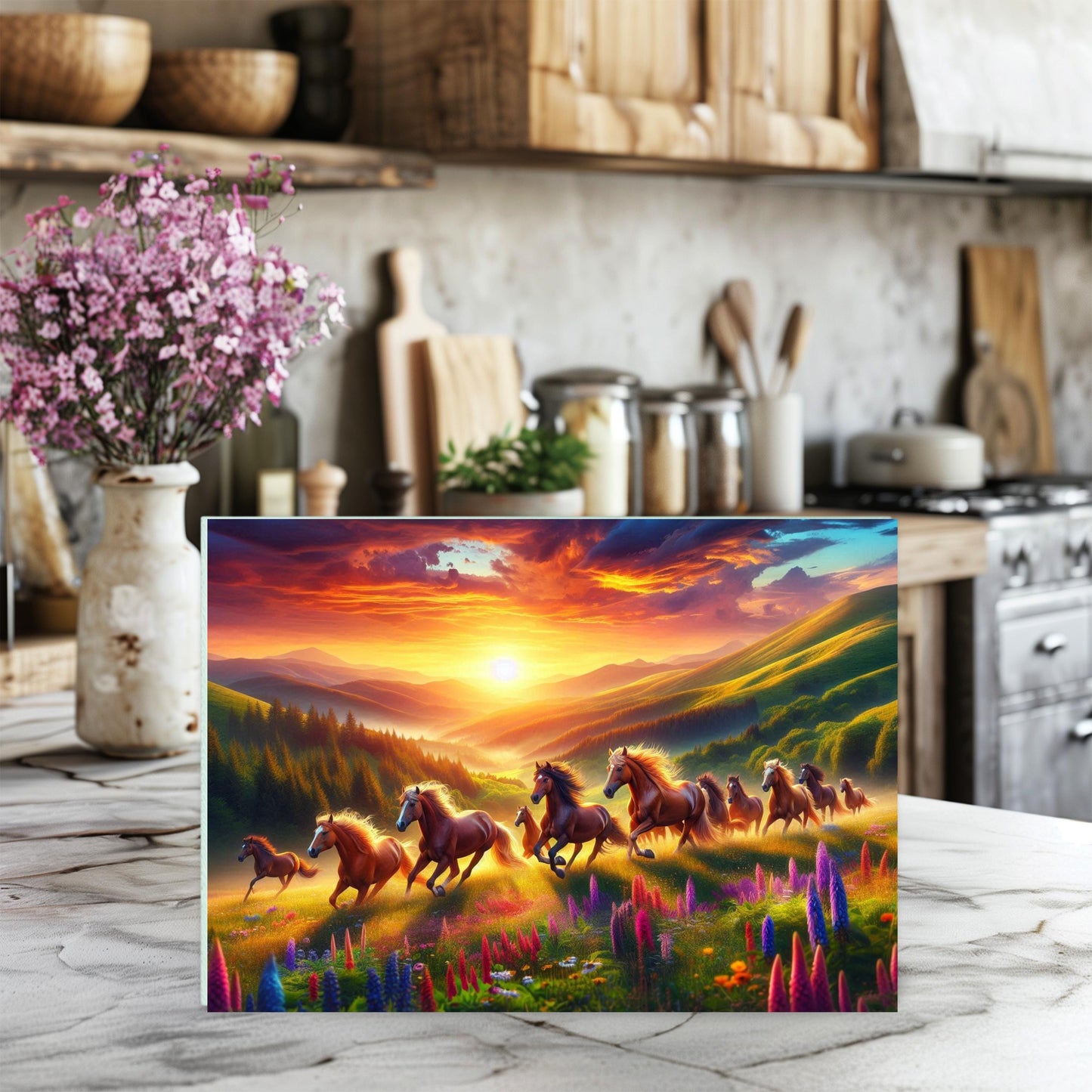 Wild Horse Sunset Cutting Board - Rustic Kitchen Decor for Horse Lovers Mountain Valley Design with Wildflowers