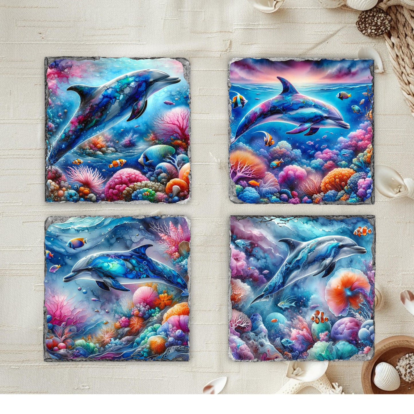 Dolphin Slate Coaster Set with Rack - Ocean-Themed Drink Coasters for Beach House Decor Gifts