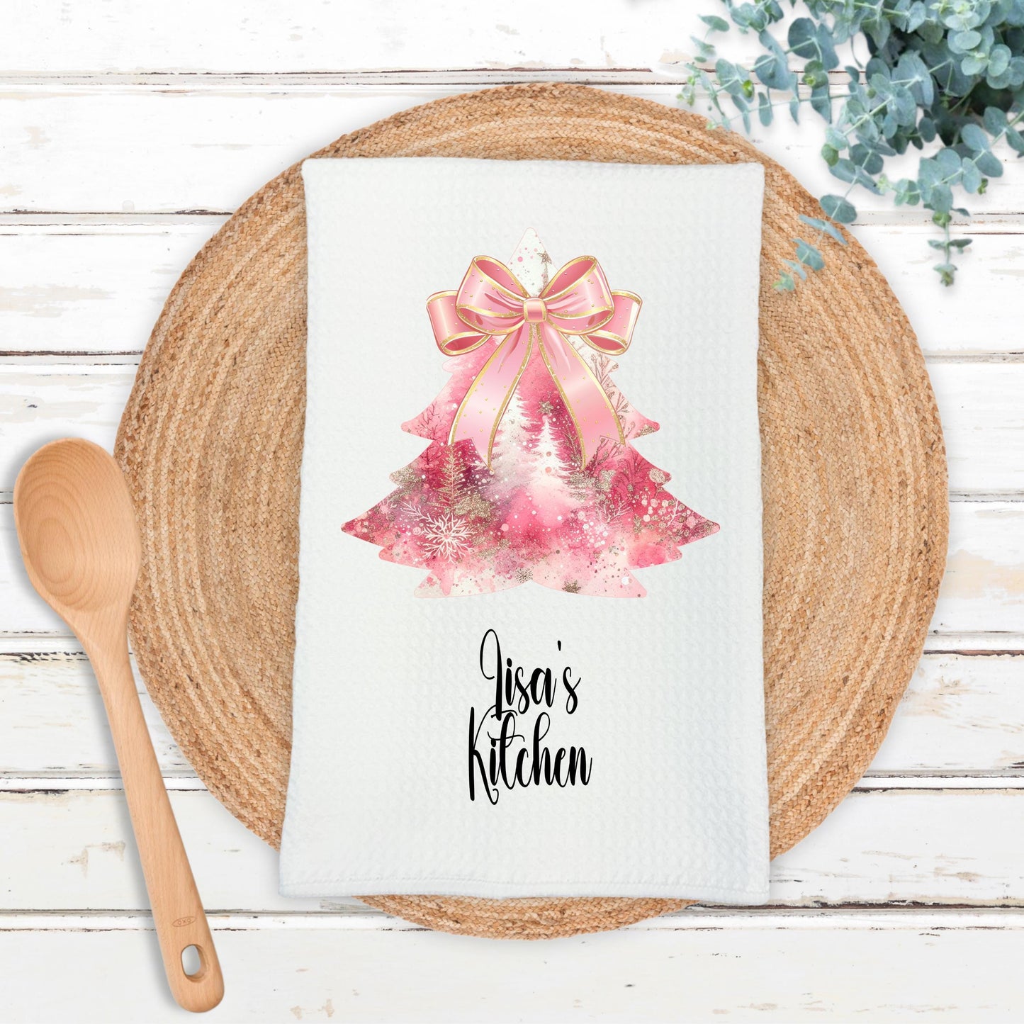 Personalized Christmas Tree Kitchen Towel in Pink Gold - Waffle Weave Design