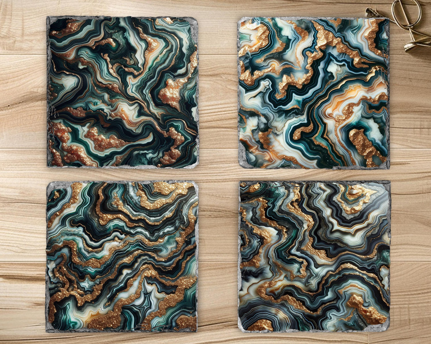 Fractured Edge Slate Coaster Set of 4 with Green Agate Pattern Gold Faux Glitter - Unique Housewarming Gift Elegant Home Décor
