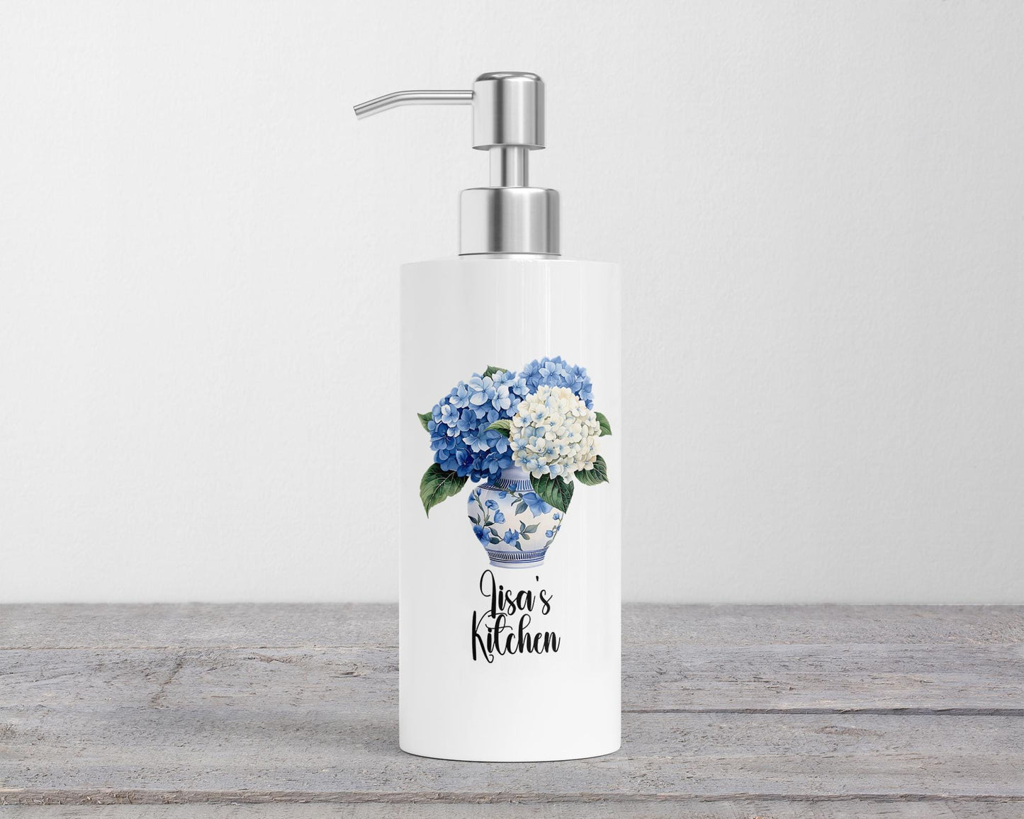 Personalized Hydrangea Soap Dispenser - Custom Chinoiserie Lotion Pump for Kitchen Decor Blue Preppy Gift