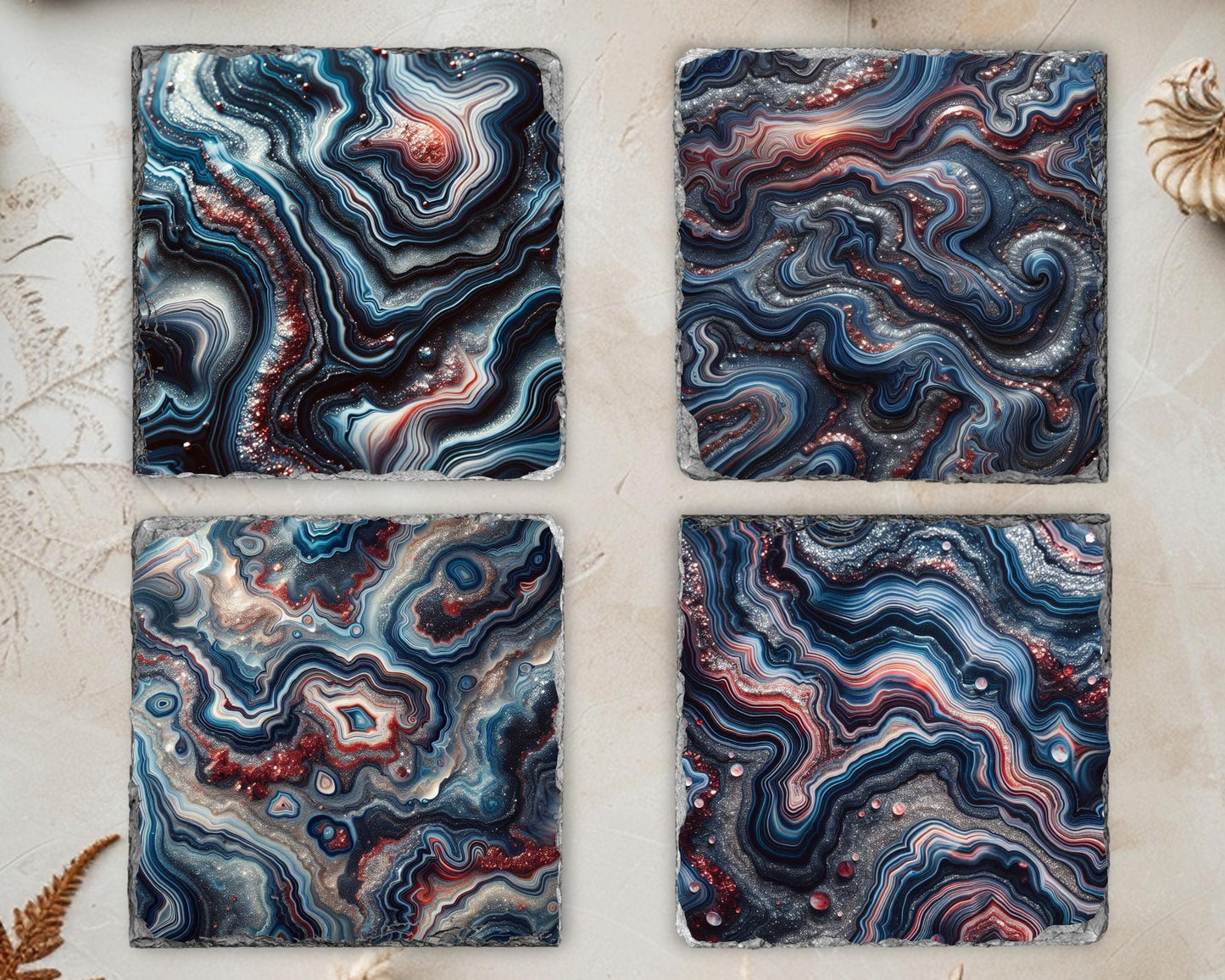 Agate Pattern Slate Coaster Set with Unique Fractured Edges - Nature-Inspired Stone Coasters Perfect Gift for Him