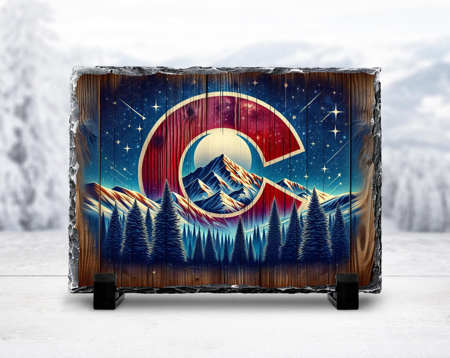 Handcrafted Slate Art - Colorado Mountain Scene with Night Sky Shooting Stars Rustic Home Decor Gift