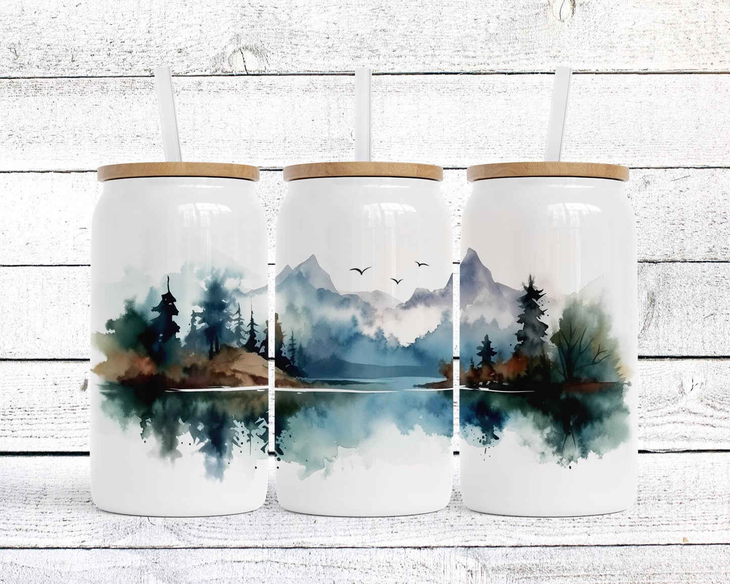 Unique 16 oz Stainless Steel Soda Can, Mountain Landscape Watercolor Design