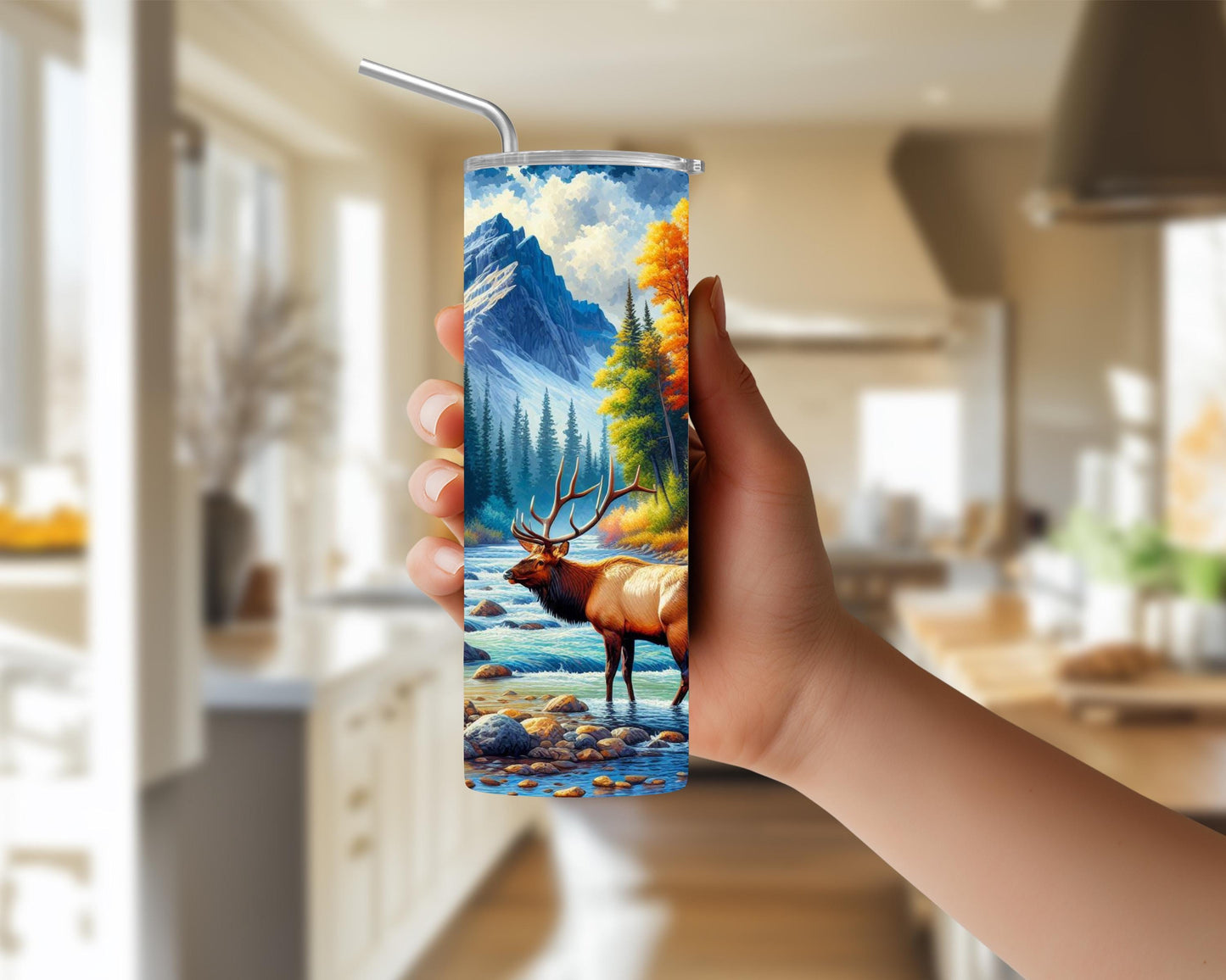 Elk Tumbler - 20oz or 30oz Colorful Fall Mountain River Scene Perfect Gift for Wildlife Enthusiasts