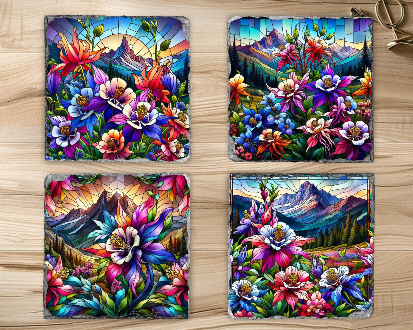 Rocky Mountain Columbine Slate Coaster Set - Rustic Nature-Inspired Home Decor Gift