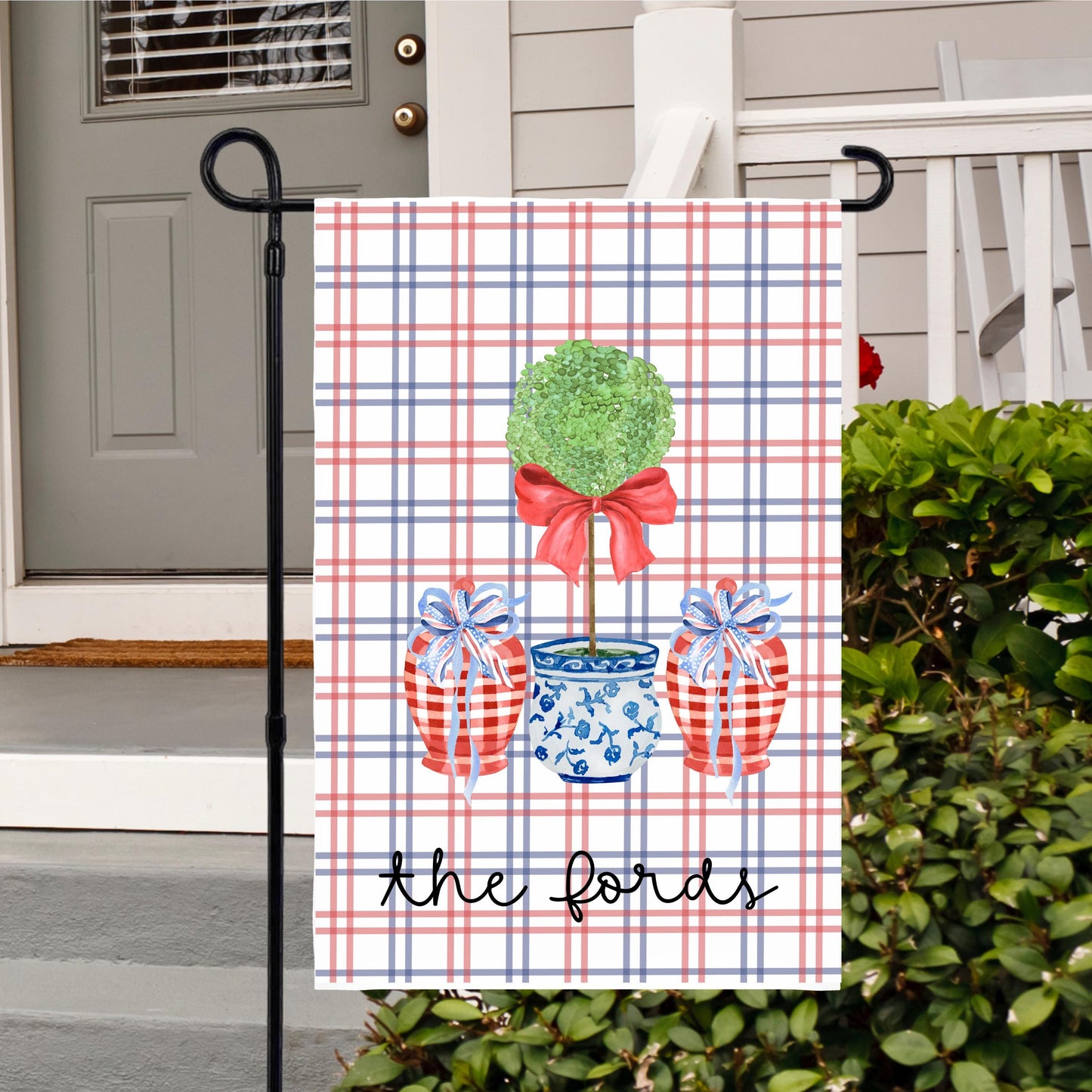Preppy Housewarming Gift, Custom 4th of July Garden Flag with Chinoiserie Topiary, New Home Housewarming Gift, Preppy Garden Flag