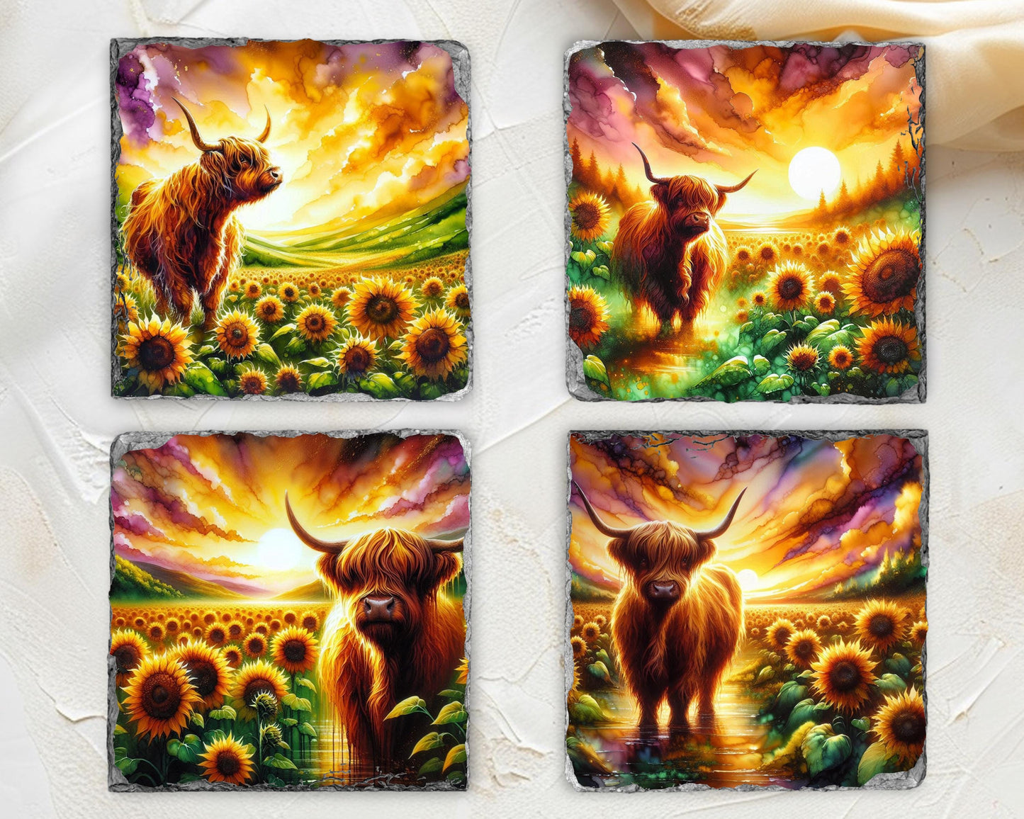Highland Cow Slate Coaster Set with Sunflower Meadow Design Unique Fractured Edges