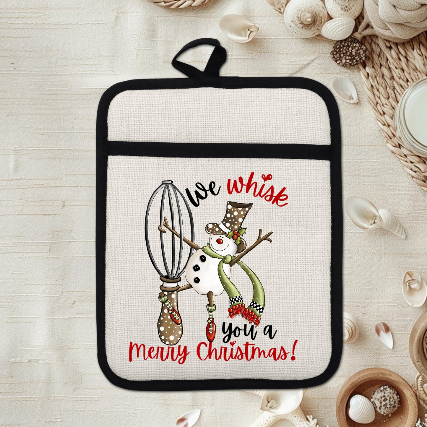 Funny Snowman Pot Holder with We Whisk You a Merry Christmas Quote - Linen Hot Pad for Holiday Kitchen Gift