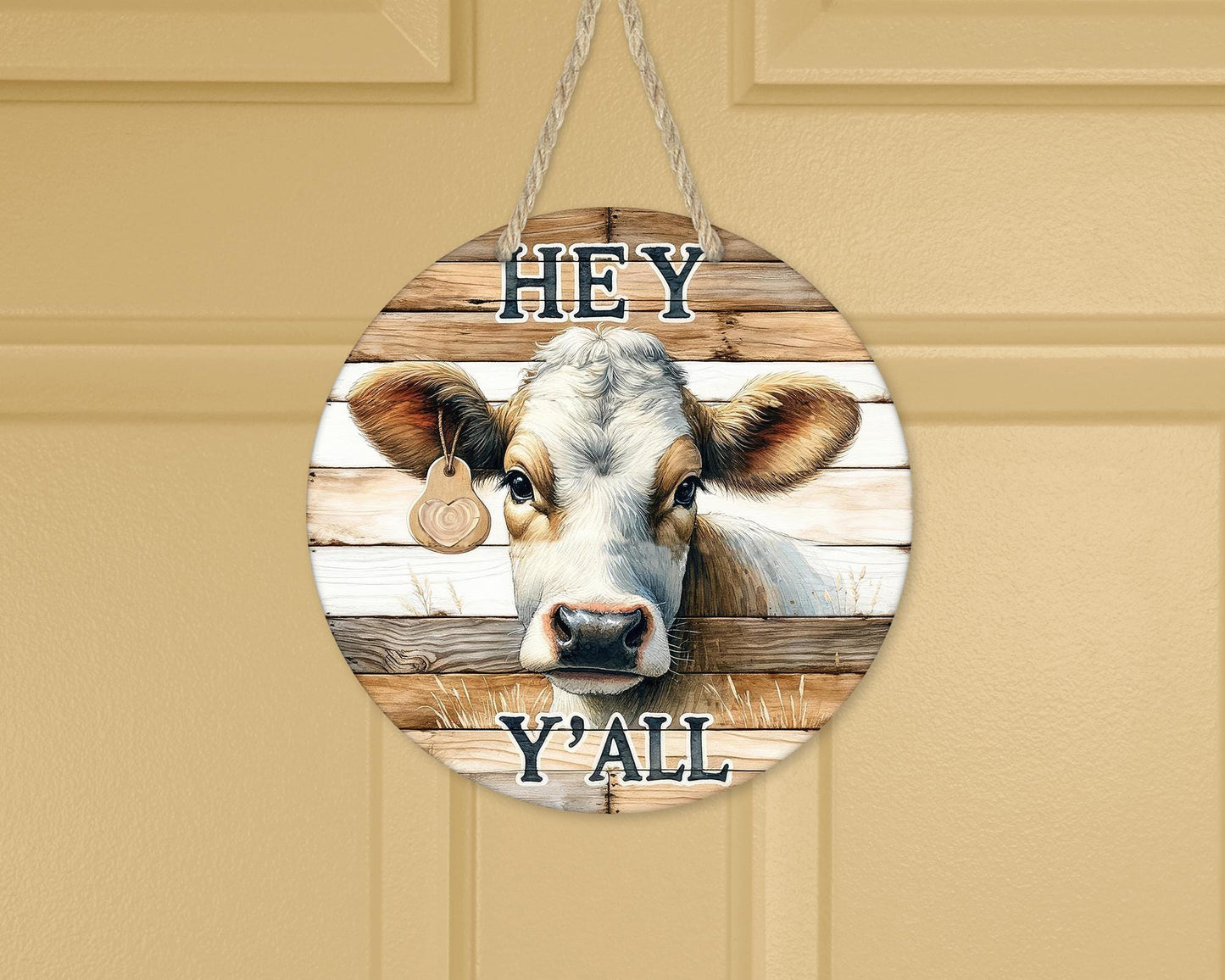 Farmhouse Round Door Wreath with Cow Decor, Faux Wood Hey Y'all Sign Unique Gifts for Cow Lover, Front Porch Decor, New Home Gift, Cow Door