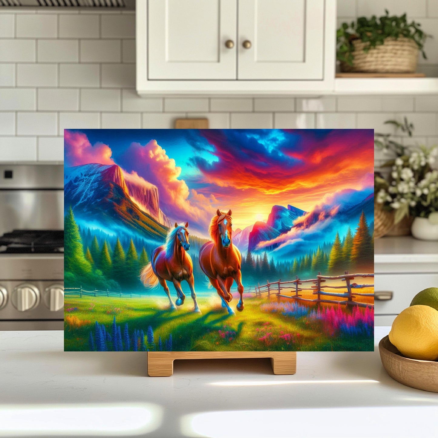 Horse Sunset Cutting Board - Galloping Horses in Mountain Valley - Perfect Gift for Horse Lovers and Farmhouse Kitchens