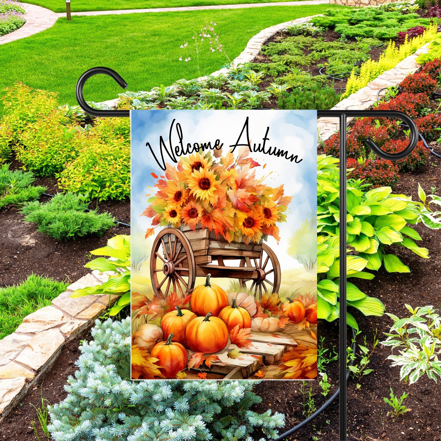 Autumn Garden Flag with Pumpkins and Blue Sky - 12x18 Inch Seasonal Decor
