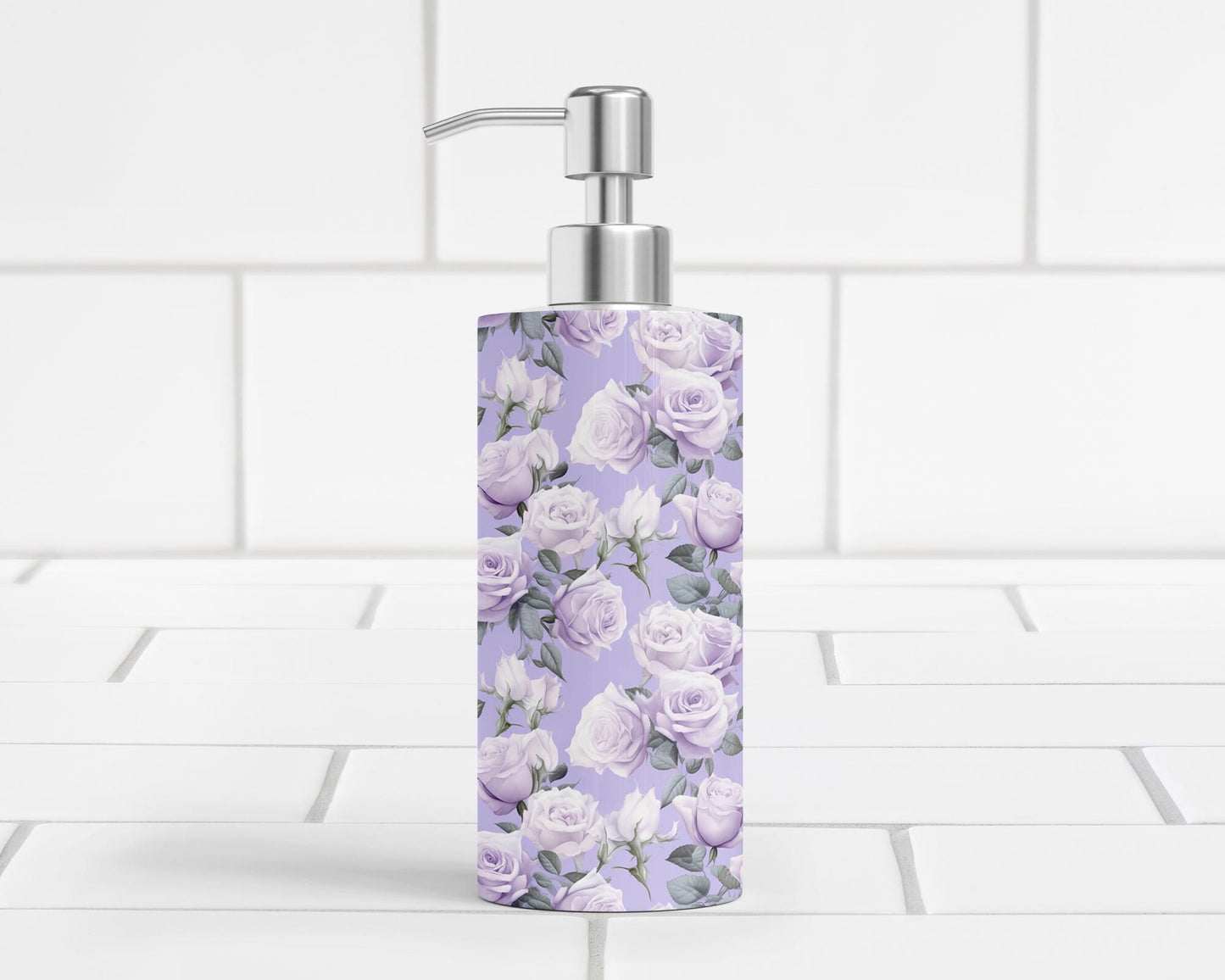 Stainless Steel Hand Soap or Lotion Pump Dispenser with Elegant Purple Roses - Unique Housewarming Gift for Her