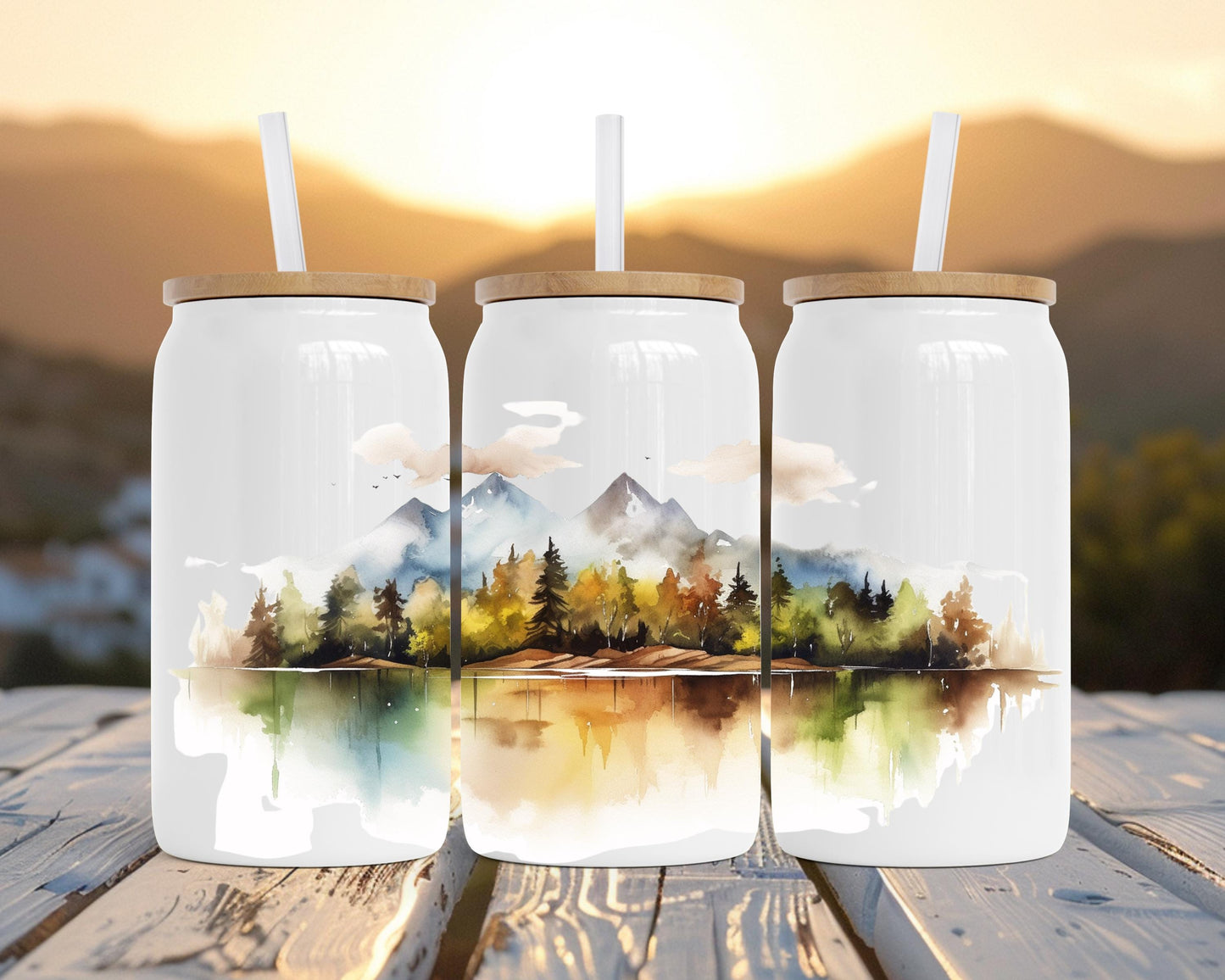 Eco-Friendly Stainless Steel Soda Can with Bamboo Lid, Mountain Watercolor Print