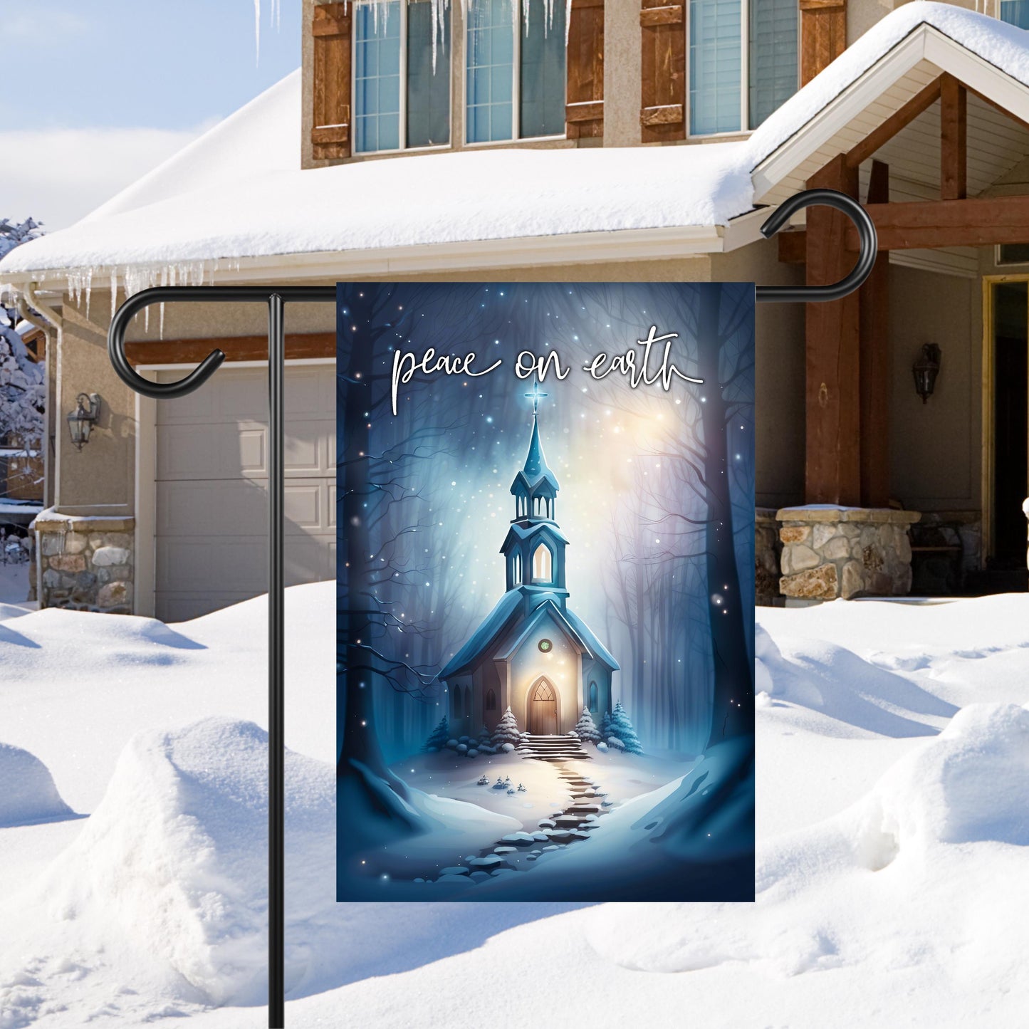 Garden Flag - Vintage Church Winter Scene 12x18 Inch Peace On Earth Design