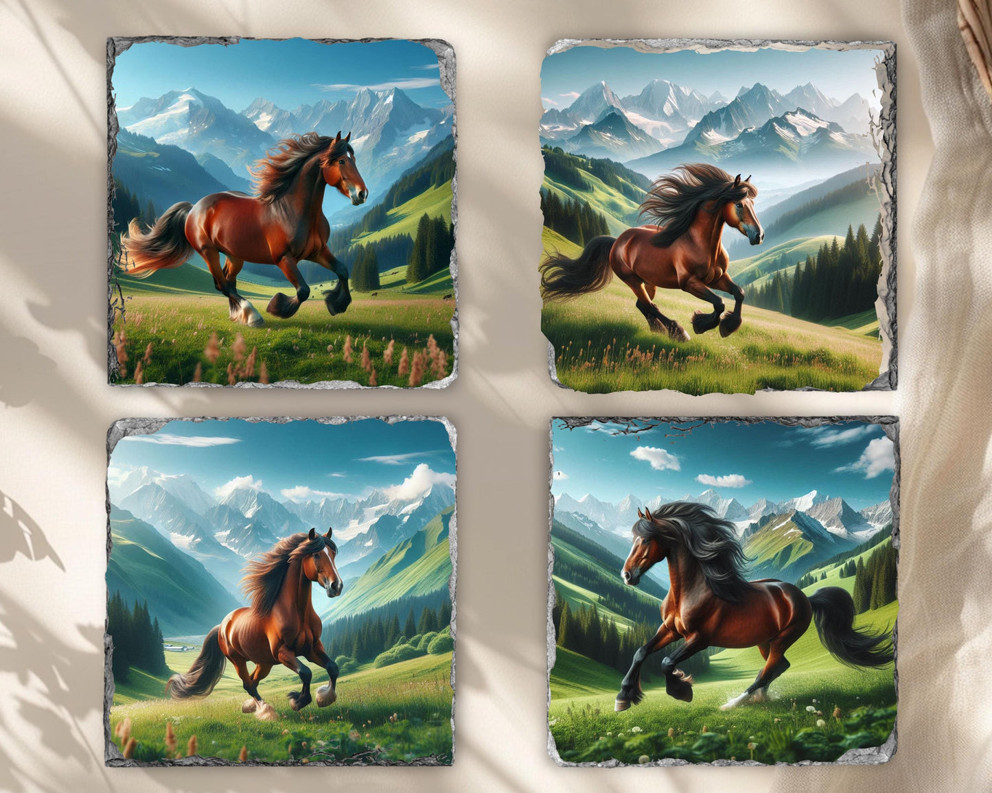 Horse Slate Coaster Set with Rack - Rustic Mountain Valley Art for Equestrian Farmhouse Decor