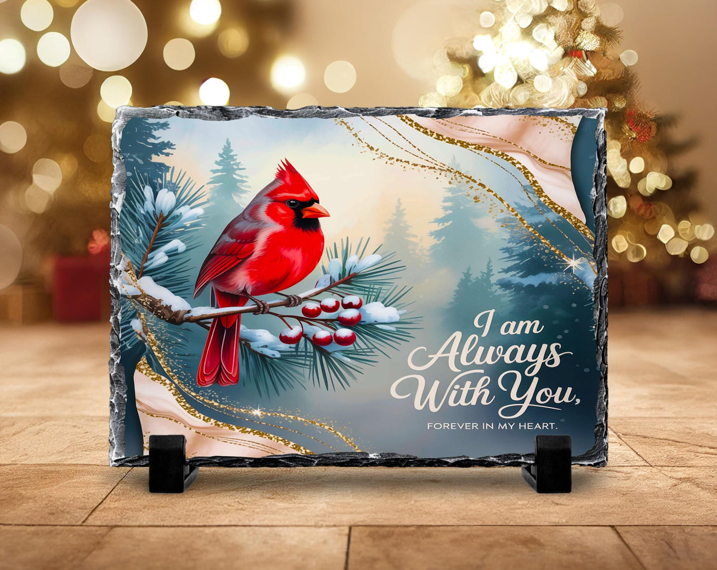 Red Cardinal Slate Plaque with Fractured Edges Holly and Heartfelt Quote
