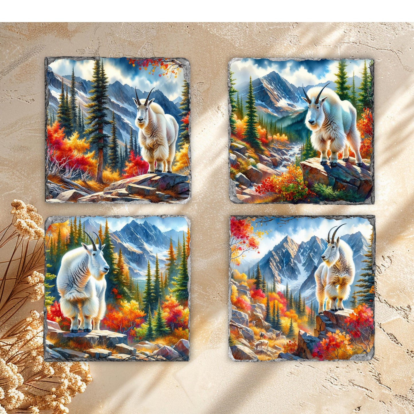 Handcrafted Slate Coaster Set with Fall Mountain Goat Designs - Perfect Gift for Nature Lovers