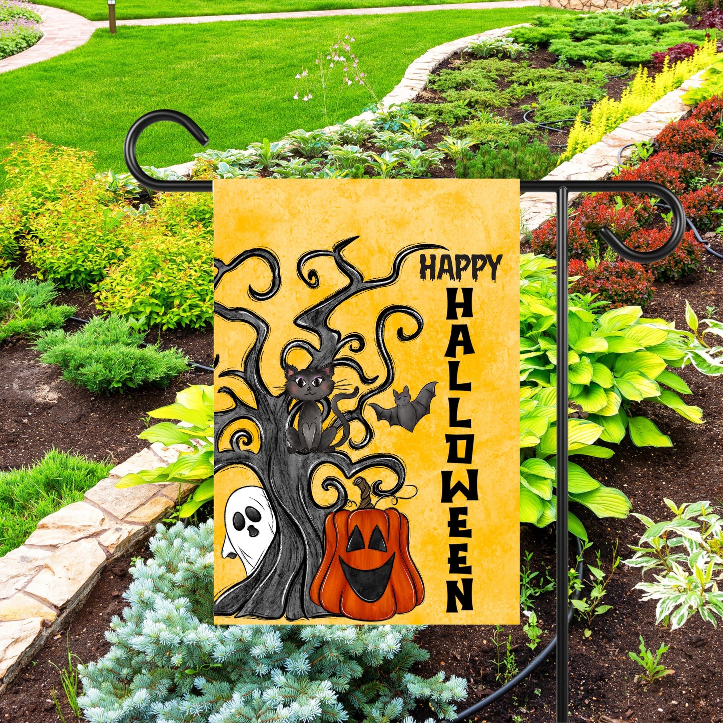 Double-Sided Halloween Garden Flag 12x18 with Spooky Tree Ghost Design