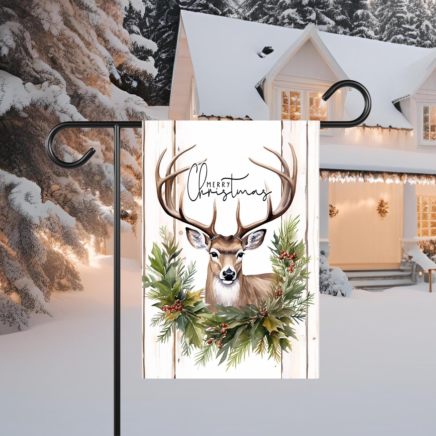 Woodland Merry Christmas Garden Flag - 12x18 Inch Holiday Outdoor Decor